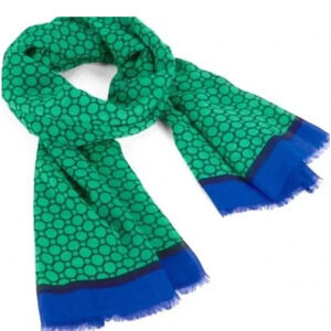 Vera Bradley Green Geometric Print Scarf with Blue Raw Hem